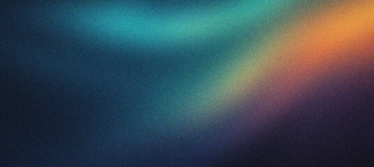 Naklejka na ściany i meble Abstract grainy gradient background with soft light leak and film grain texture. Dark blue and teal blurred backdrop with warm orange glow. Retro aesthetic wallpaper for creative web design.