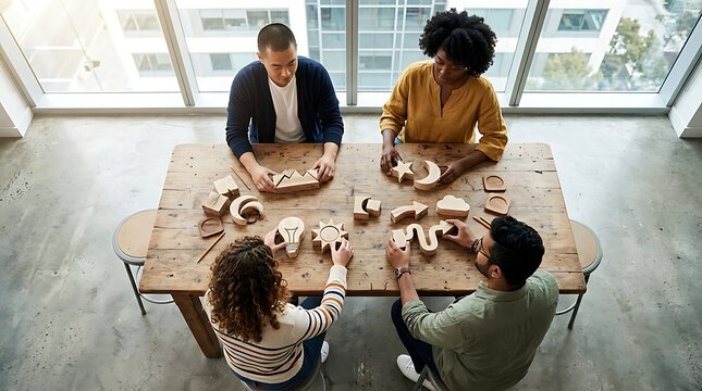 Diverse creative team brainstorming with wooden symbols at office table