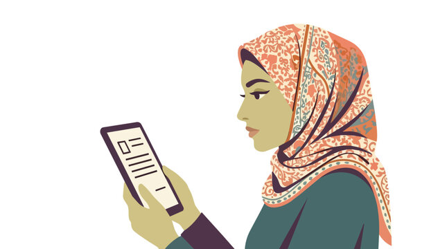 Muslim woman in patterned hijab using smartphone for social media profile browsing flat vector illustration for digital networking branding