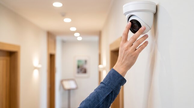 Hand covering white dome security camera lens in hallway