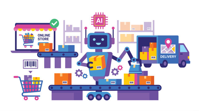 Vibrant Illustration of Automated Robots and Trucks Operating on an Industrial Assembly Line.