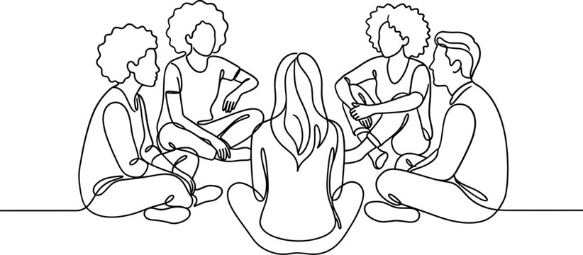 Continuous line drawing of a diverse group of people sitting in a circle for a discussion.