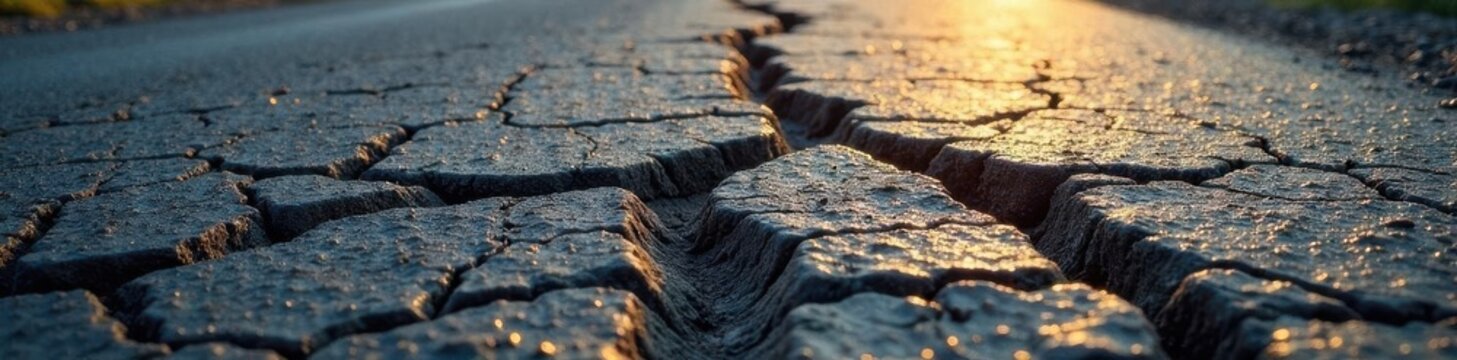 Cracked road surface exposes sharp, rocky subsoil , dry, broken asphalt