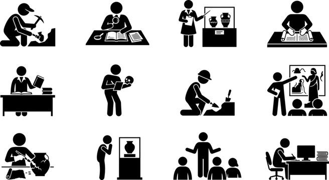 Set of archaeological icons representing museum work and historical research.