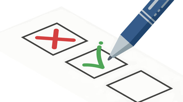 Checklist survey with green tick and red cross mark being filled by blue pen flat vector illustration for customer feedback evaluation