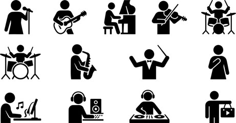 Obraz premium Set of black icons representing various musical performers and musical instruments.