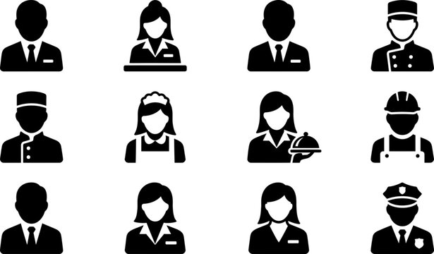 Set of black professional occupation icons representing various job roles and service staff.