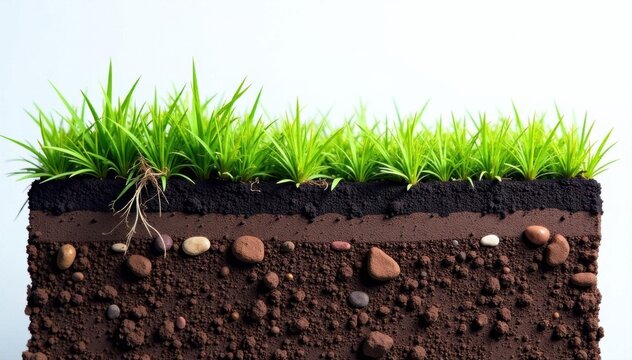 Cross-section of soil layers, showing roots, grass, humus, and stones ,  environment,  humus