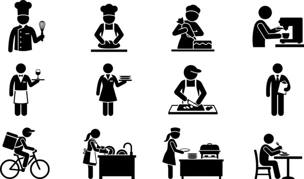 Set of restaurant and food service industry professional worker icons.