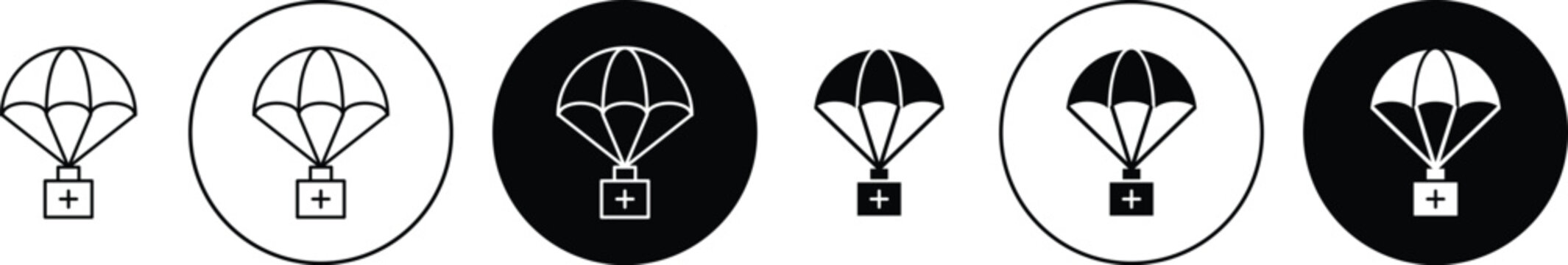 Parachute with first aid kit icon minimal drawings set