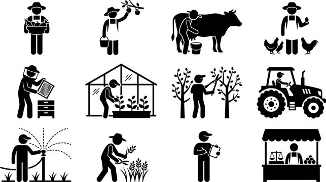 Set of agriculture and farming icons featuring farmers and agricultural work.