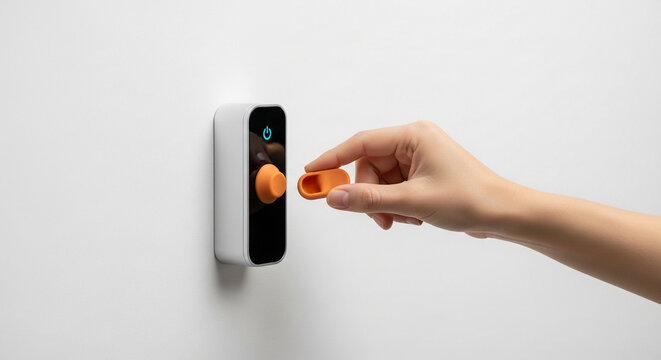 Hand holding an orange toggle switch to activate a white proximity sensor device with a power icon.