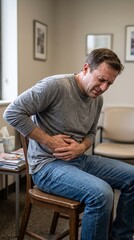 Fototapeta premium Man in pain holding his stomach while sitting in a doctor's office waiting room