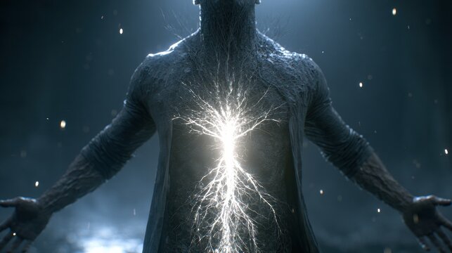 Glowing root system expands inside abstract male figure within a dark setting to illustrate a concept of deep health and foundation.