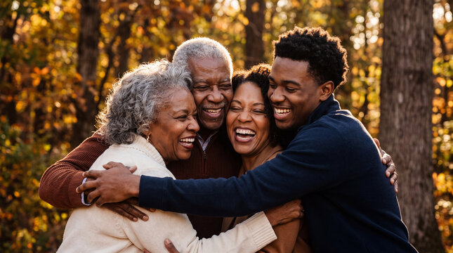 A portrait of a joyful multi-generational Black family embracing together in a sunlit forest during the autumn season, showing love and connection.