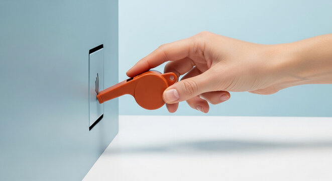 Orange whistle being inserted into a panel by a finger, signaling the start of an action or event.