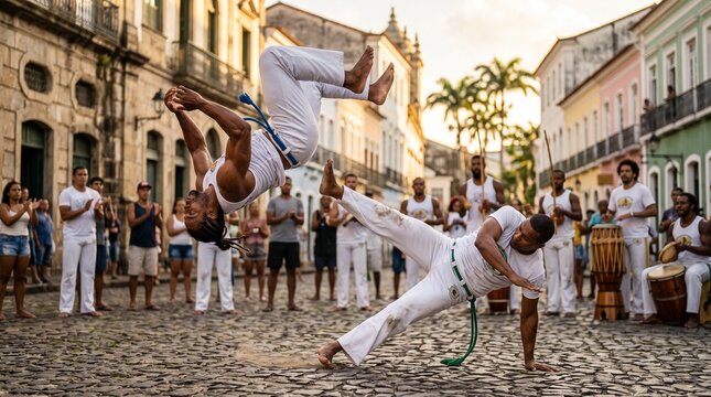 Dynamic capoeira performance unfolds in a historic cobblestone street as performers showcase athletic agility and fluid movements, with onlookers observing the vibrant cultural display.