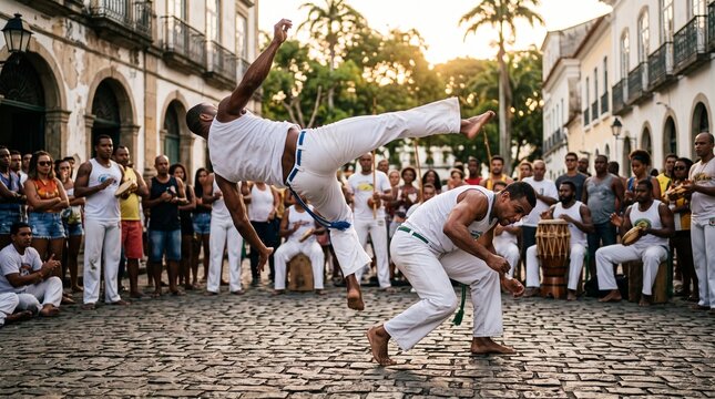 Dynamic capoeira performers showcase athletic prowess in a vibrant street performance, surrounded by an enthusiastic crowd under the warm, golden glow of the setting sun.