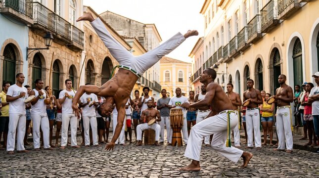 Capoeira dancers display their athletic prowess in a vibrant street performance, surrounded by an admiring crowd.