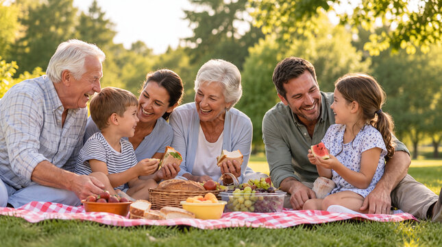 A happy three-generation family enjoys a picnic with fresh fruit and sandwiches on a sunny day in the park, laughing and spending quality time together.