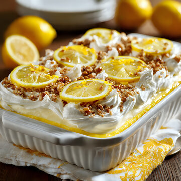 Refreshing lemon dessert with fluffy whipped topping, zesty citrus slices, and crunchy nuts in a white ceramic dish