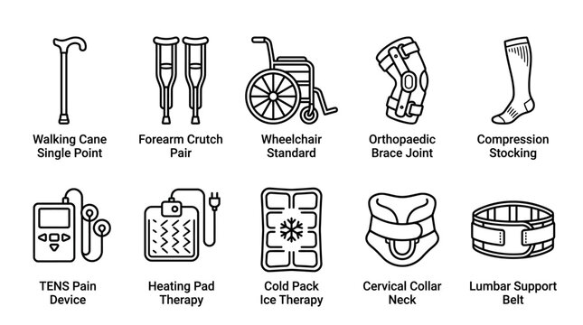 Set of medical rehabilitation equipment and mobility aid icons.