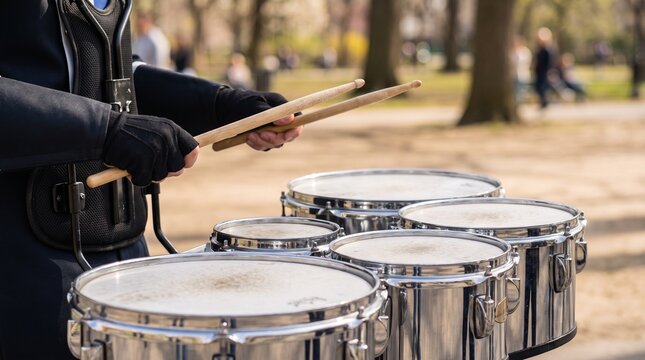 Close-up of a marching band member playing multi-tenor drums with wooden drumsticks outdoors in a sunny public park