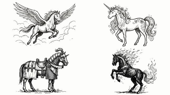 Set of Mythical Creatures and Majestic Horses Illustration.