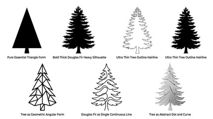 Fototapeta premium Set of seven diverse evergreen coniferous tree icons and graphic illustrations.