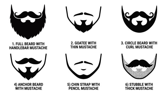 Set of six different mens beard and mustache styles vector illustration.