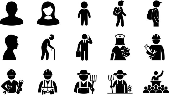 Set of black silhouette icons representing diverse people and professions.