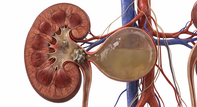 Medical illustration of kidney cross-section and urological system showing kidney stones