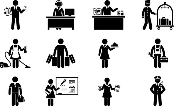 Set of hotel staff service icons including receptionists maids and security.