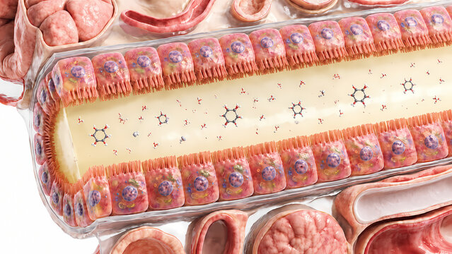 3D medical illustration of epithelial cell layer with ions and molecules in extracellular fluid