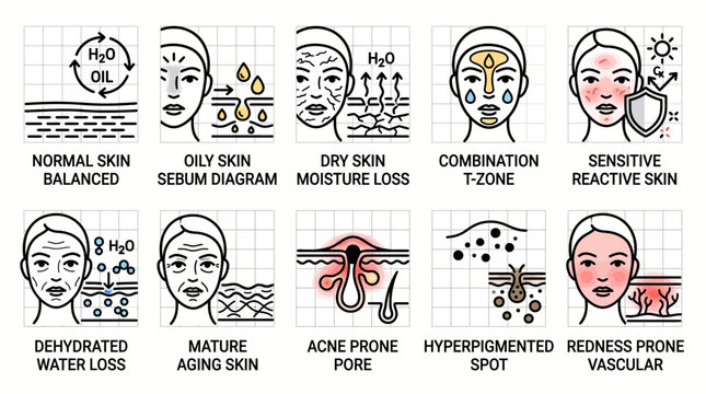 Set of ten skin condition and type icons infographic.