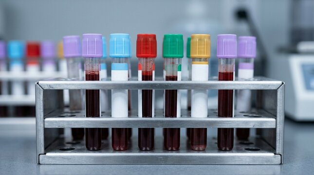 Blood sample tubes standing upright in a stainless steel rack.