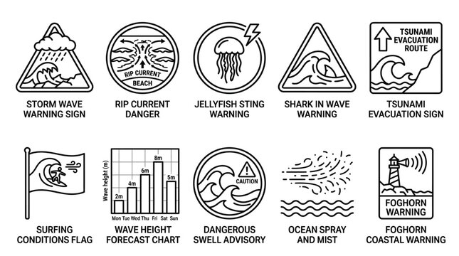 Set of ten vector beach and ocean safety warning icons.