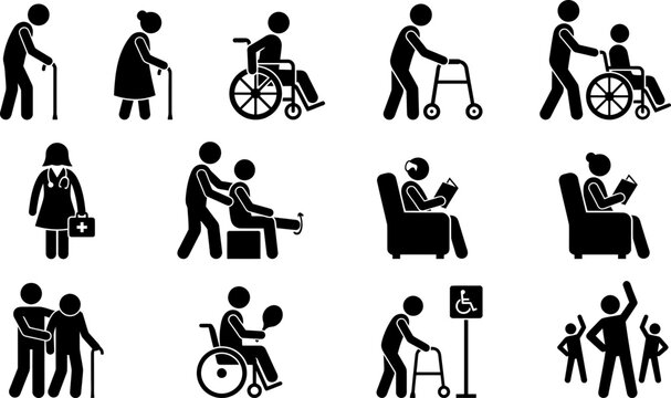 Set of elderly care and accessibility icons for medical and nursing home use.