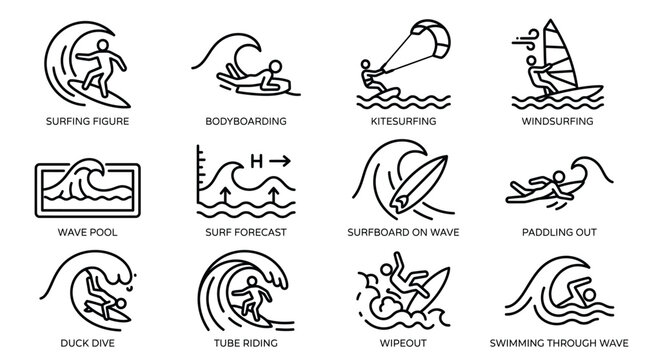 Set of line icons depicting various surfing and water sports activities.