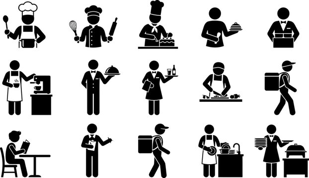 Set of restaurant and food service worker icons in black and white.