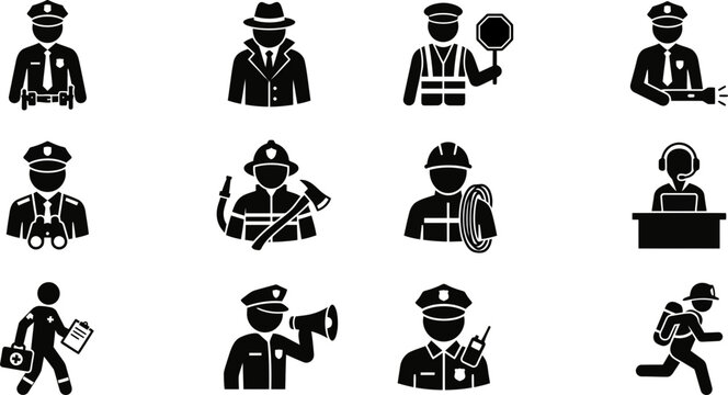 Set of emergency service personnel and police officer icons in black silhouette style.