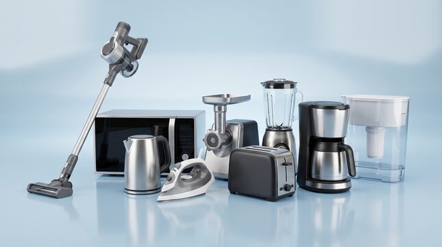 Collection of household kitchen appliances, including a blender, coffee maker, toaster, kettle, iron, and vacuum cleaner, on a blue background