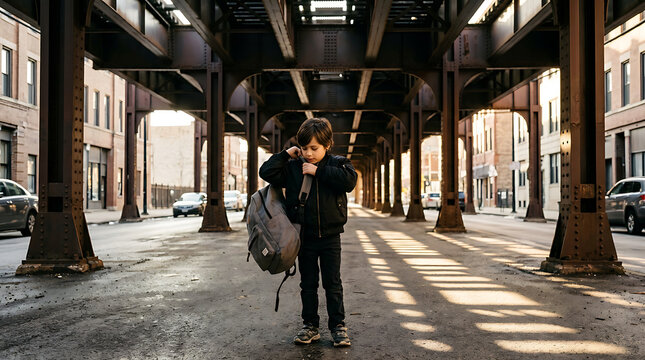 Wide angle shot of a young boy putting on a grey backpack while standing under an elevated steel railway structure on an urban city street with golden hour sunlight and long shadows.