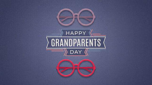 A celebratory greeting card design for Grandparents Day featuring colorful round spectacles and elegant typography on a textured purple background.