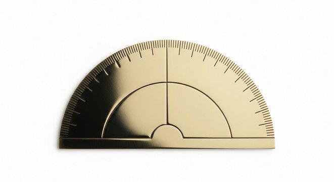 A gleaming brass protractor, a precise tool for geometry and measurement, isolated on a clean white background.
