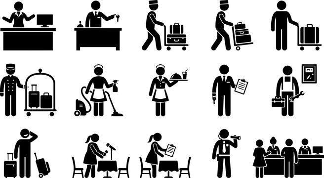 Set of hotel staff and service icons showing various hospitality tasks.