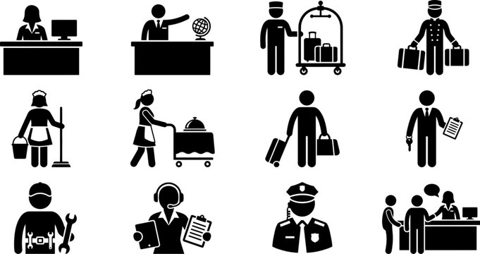 Set of hotel staff and hospitality service professional icons.