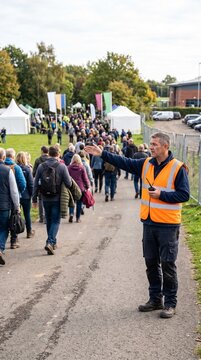 Event staff member in high visibility vest directing crowd at outdoor festival with tents and flags