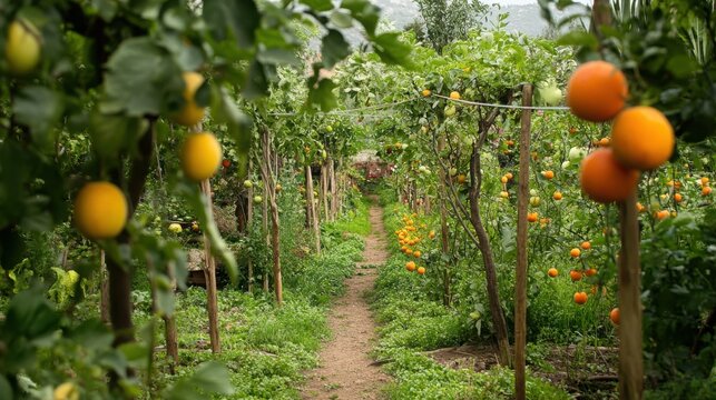 Vibrant orange and yellow citrus fruits hang heavy from verdant green trees lining a narrow rustic dirt path in a lush Mediterranean orchard captured with natural lighting and soft focus.