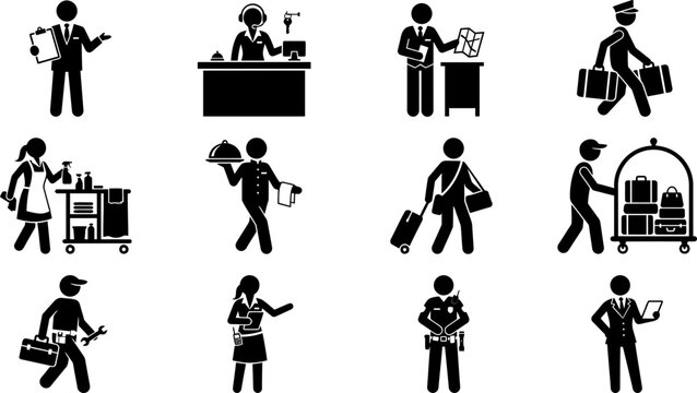 Hotel and Hospitality Staff Service Personnel Icon Set.